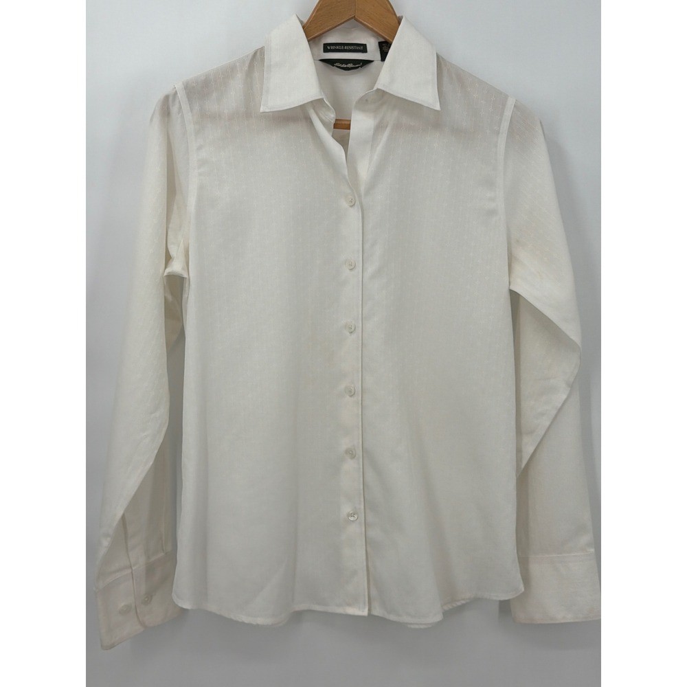 Vtg Eddie Bauer Womens S White Wrinkle Resistant Dobby Stripe Button Down Shirt